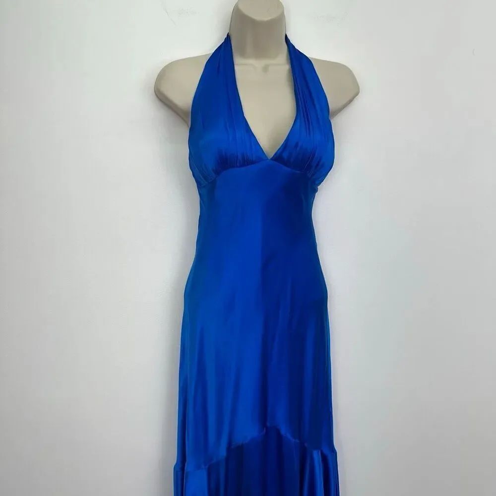 Cache Vintage Cobalt Blue Liquid Silk Halter Fishtail Maxi Gown - Picture 8 of 16